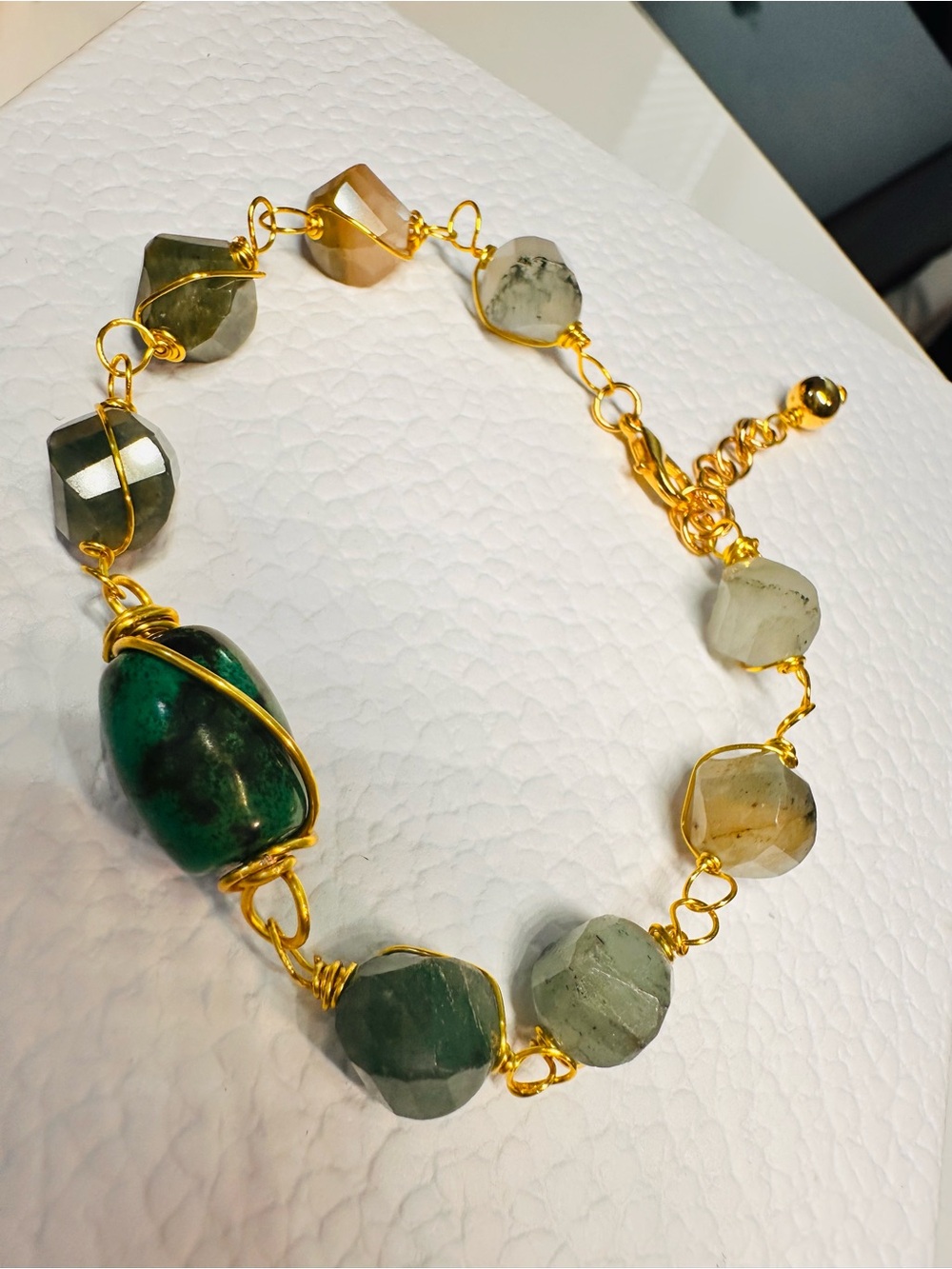 Gold Wire-Wrapped Green agate Stone Bracelet